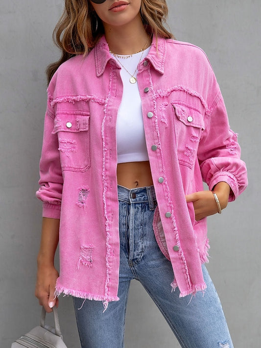 Shacket Pink Purple Orange Plain Button Pocket Long Sleeve Casual Daily Basic Shirt Collar Regular Denim S for Women - LuckyFash™