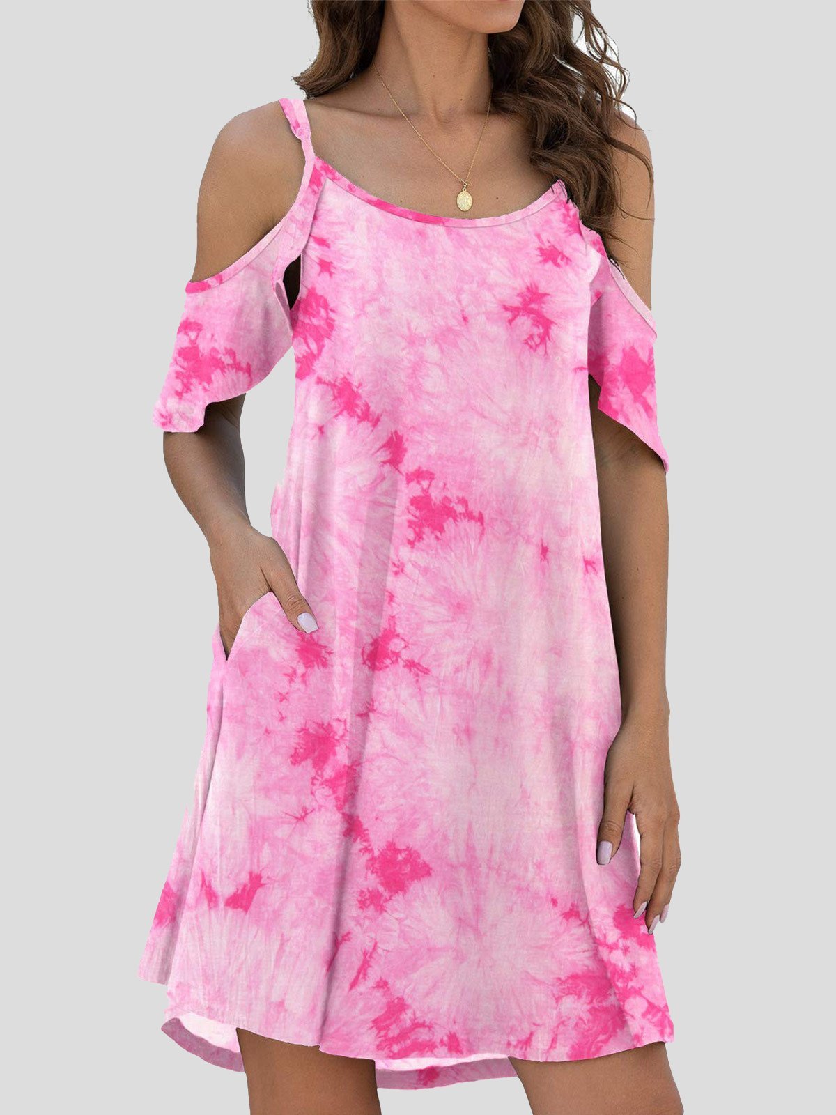 Tie-Dye Casual Off The Shoulder Ruffle Pocket Dress - LuckyFash™