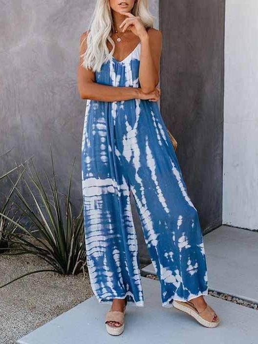 Tie-dye Printed Suspenders Casual Wide-Leg Jumpsuit - LuckyFash™