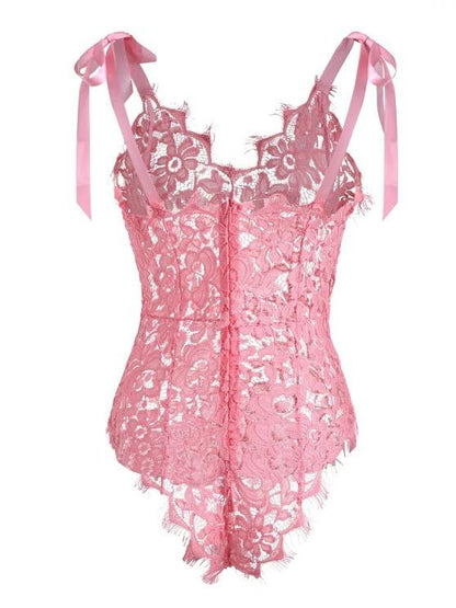 Tie Shoulder Scalloped Trim Lace Lingerie Teddy - LuckyFash™