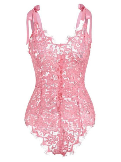 Tie Shoulder Scalloped Trim Lace Lingerie Teddy - LuckyFash™