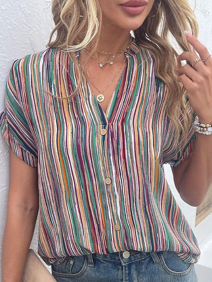 Women's Shirt Blouse Rainbow Striped Button Print Short Sleeve Casual Basic V Neck Regular S - LuckyFash™