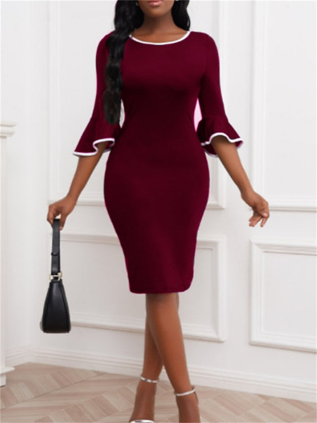 Women's Work Dress Sheath Dress Semi Formal Dress Formal Flared Sleeve Mini Dress Patchwork Crew Neck 3/4 Length Sleeve Plain Regular Fit Black Wine Navy Blue Spring Summer S M L XL 4XL - LuckyFash™