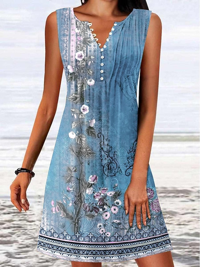 Women's Casual Dress Ethnic Dress Tank Dress Floral Button Print V Neck Mini Dress Fashion Ethnic Daily Holiday Sleeveless Regular Fit Red Blue Green Summer Spring S M L XL XXL - LuckyFash™