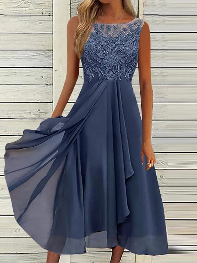 Women's Wedding Guest Dress Party Dress Lace Dress Midi Dress Blue Purple Green Sleeveless Pure Color Lace Summer Spring Fall Crew Neck Fashion Evening Party Wedding Guest Vacation 2023 S M L XL 2XL - LuckyFash™