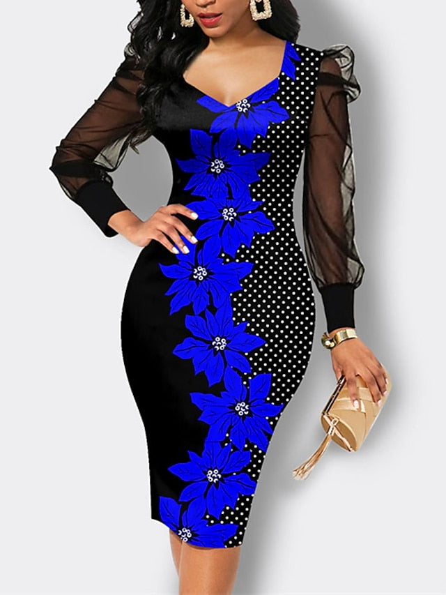 Women's Work Dress Bodycon Sheath Dress Midi Dress Black Red Blue Long Sleeve Floral Mesh Summer Spring Crew Neck Fashion Office Mesh S M L XL XXL 3XL - LuckyFash™