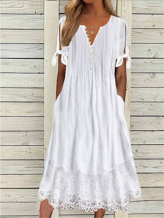 Women's Casual Dress White Dress Plain Dress Plain Lace Patchwork V Neck Midi Dress Elegant Modern Outdoor Daily Short Sleeve Regular Fit White Pink Green Summer Spring S M L XL 2XL - LuckyFash™