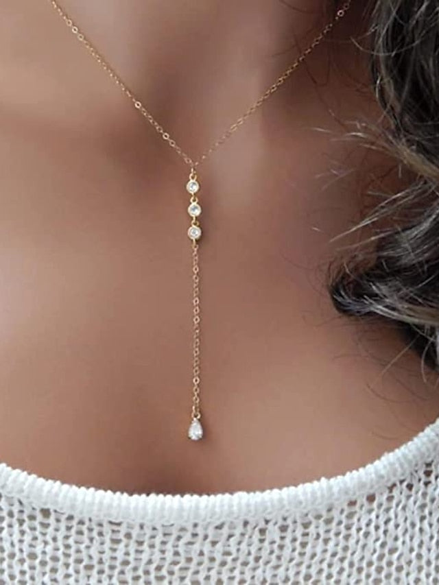 1 PC Necklace for Women Dainty Gold Long Necklaces 14k Gold Plated Heart Pearl CZ Teardrop Pendant Necklace Simple Gold Drop Necklace Trendy Y Necklace Fashion Gold Jewelry for Women Girls - LuckyFash™