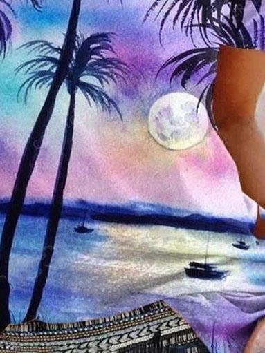 Tropical Landscape Print Round Neck T-shirt - LuckyFash™