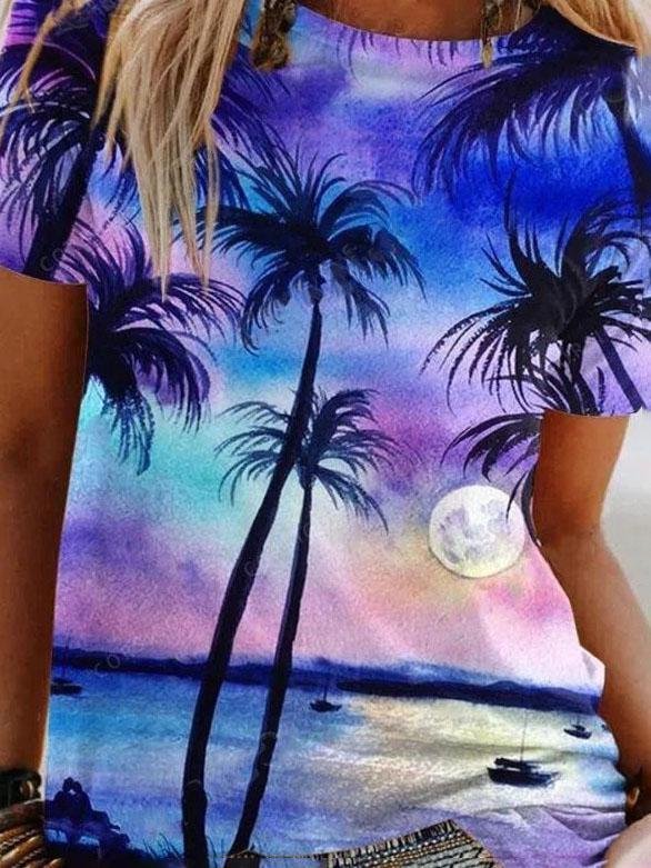 Tropical Landscape Print Round Neck T-shirt - LuckyFash™
