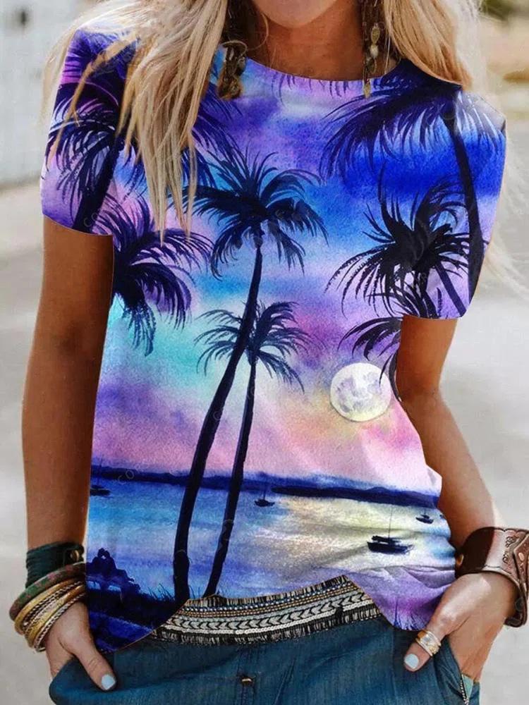 Tropical Landscape Print Round Neck T-shirt - LuckyFash™