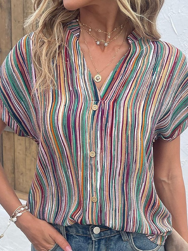 Women's Shirt Blouse Rainbow Striped Button Print Short Sleeve Casual Basic V Neck Regular S - LuckyFash™