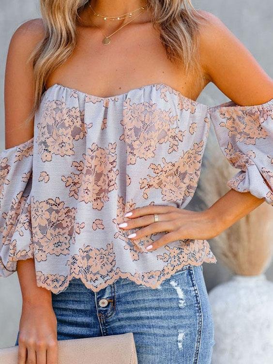 Tube Top Lace One-shoulder Lantern Sleeve Top - LuckyFash™