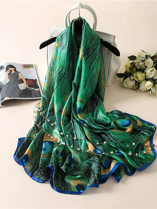 1pcs New Soft Peacock Feather Printed Silk Shawls Women Foulard Fashion Sunscreen Female Scarf Stoles Hijab Headscarf Bag Scarves - LuckyFash™