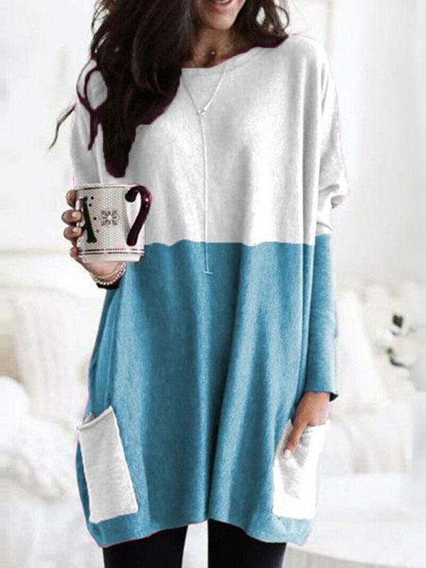 Two-Color Stitching Pocket Loose Long Sleeve T-Shirt - LuckyFash™