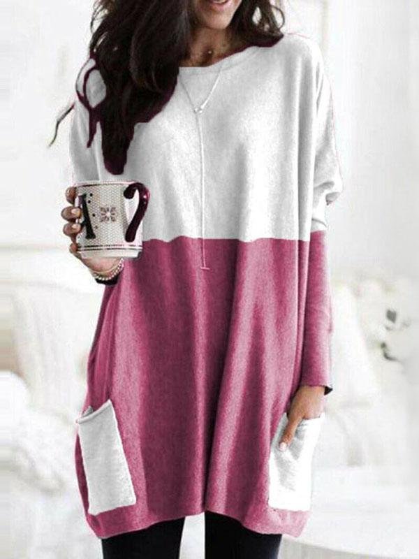 Two-Color Stitching Pocket Loose Long Sleeve T-Shirt - LuckyFash™