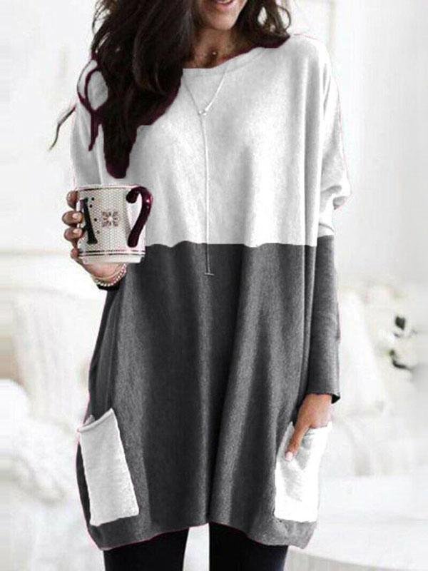 Two-Color Stitching Pocket Loose Long Sleeve T-Shirt - LuckyFash™