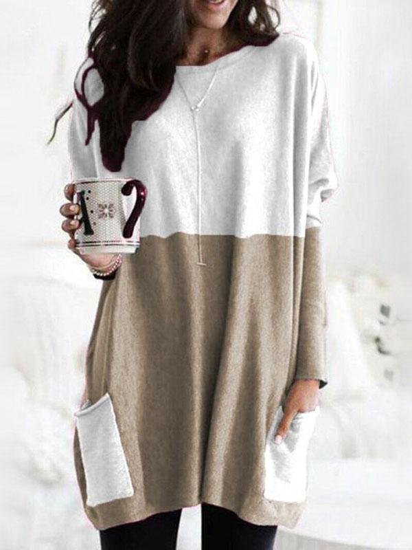 Two-Color Stitching Pocket Loose Long Sleeve T-Shirt - LuckyFash™