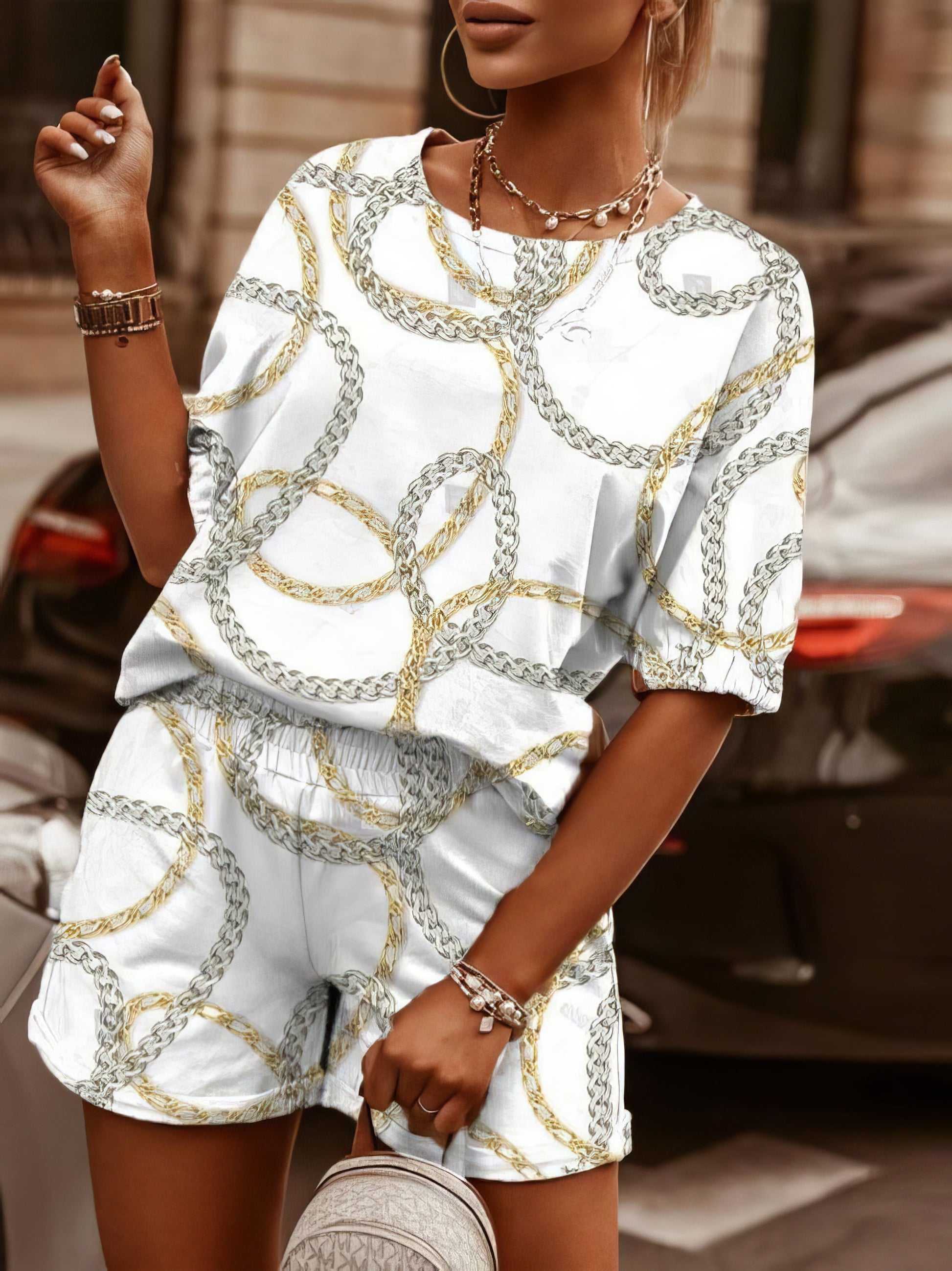 Two-Piece Printed Round Neck Short Sleeve T-Shirt & Shorts - LuckyFash™