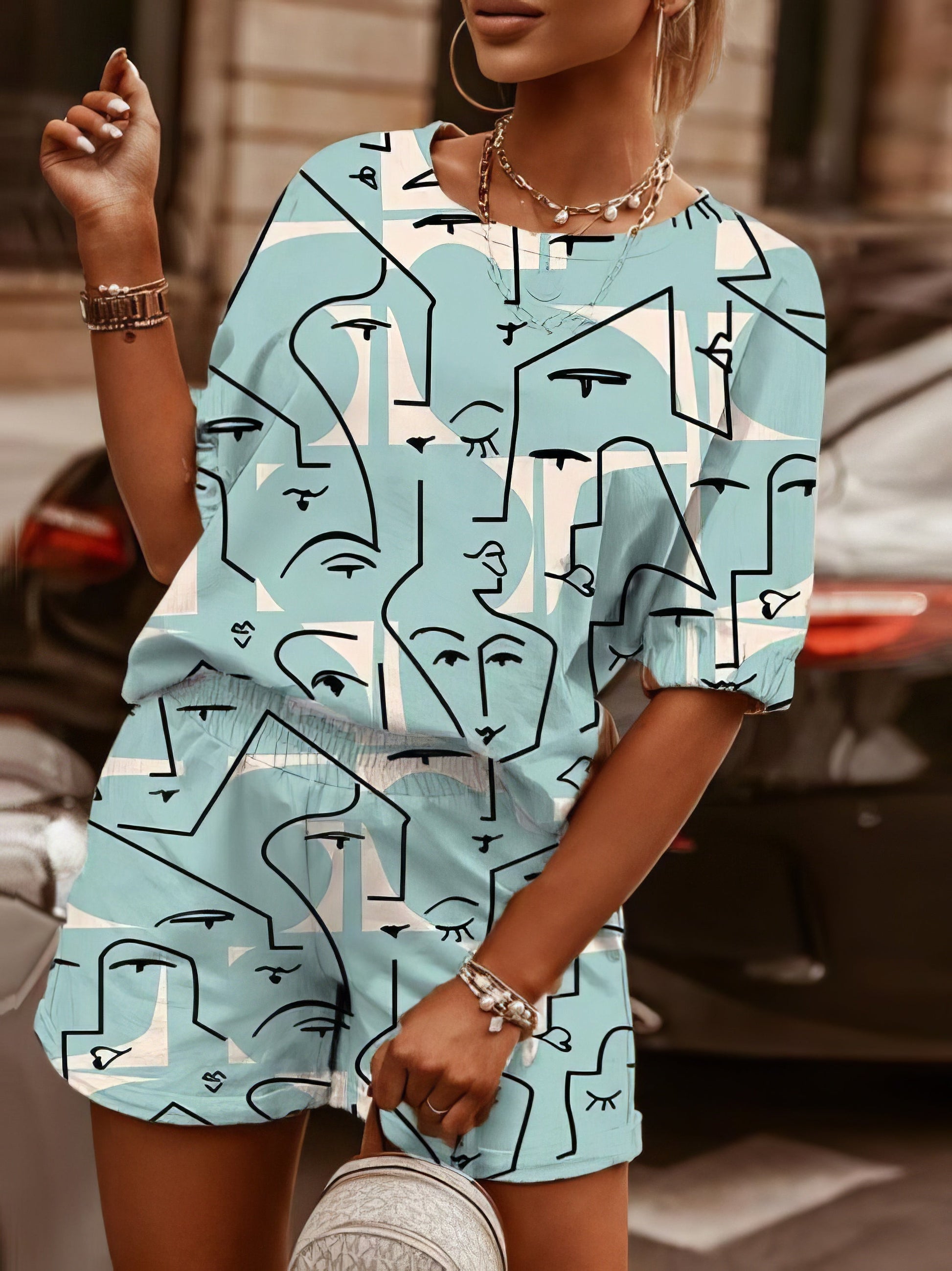 Two-Piece Printed Round Neck Short Sleeve T-Shirt & Shorts - LuckyFash™