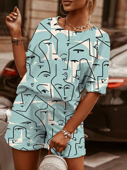 Two-Piece Printed Round Neck Short Sleeve T-Shirt & Shorts - LuckyFash™