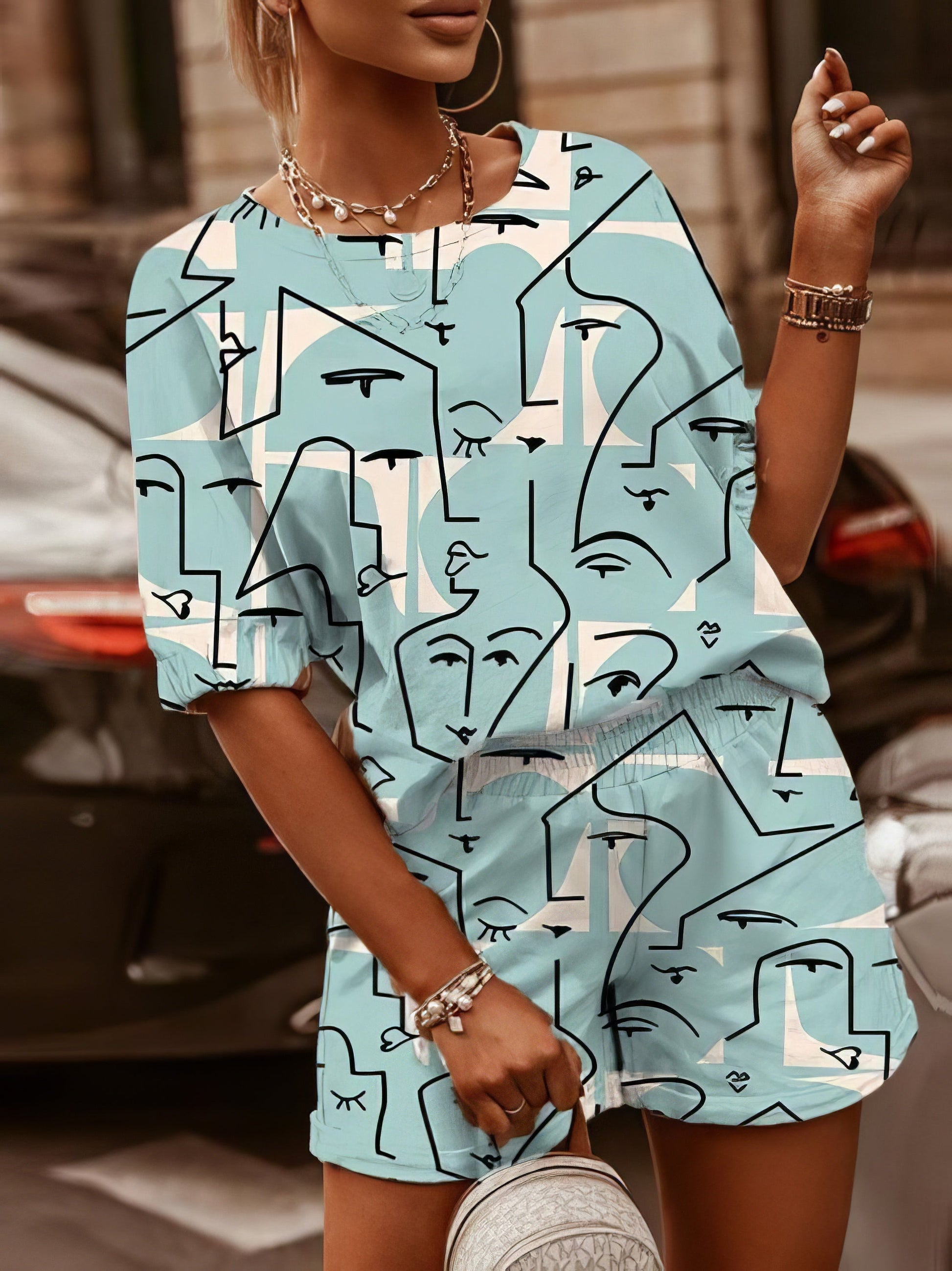 Two-Piece Printed Round Neck Short Sleeve T-Shirt & Shorts - LuckyFash™