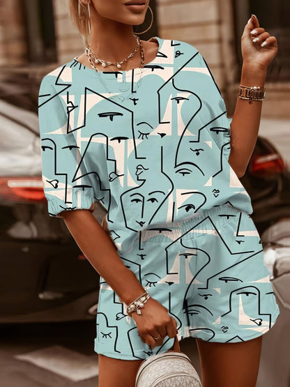 Two-Piece Printed Round Neck Short Sleeve T-Shirt & Shorts - LuckyFash™