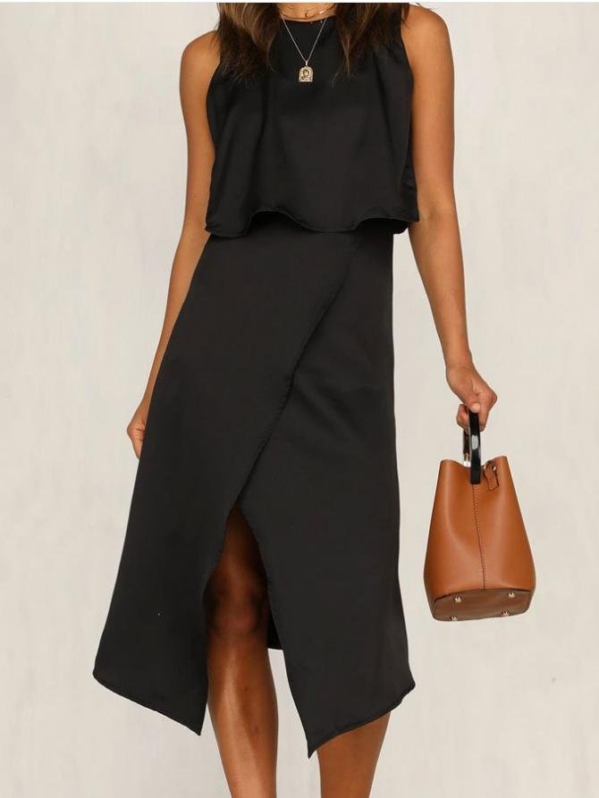 Two-Piece Sleeveless Round Neck Irregular Split Casual Suit Skirt - LuckyFash™