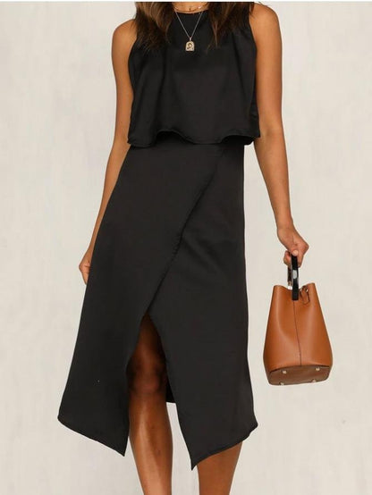 Two-Piece Sleeveless Round Neck Irregular Split Casual Suit Skirt - LuckyFash™