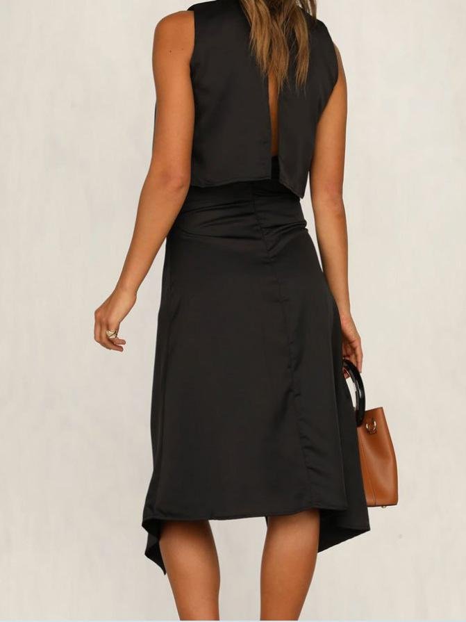 Two-Piece Sleeveless Round Neck Irregular Split Casual Suit Skirt - LuckyFash™