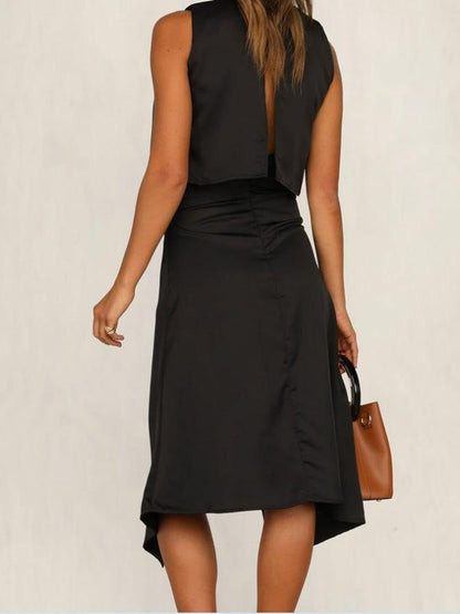 Two-Piece Sleeveless Round Neck Irregular Split Casual Suit Skirt - LuckyFash™
