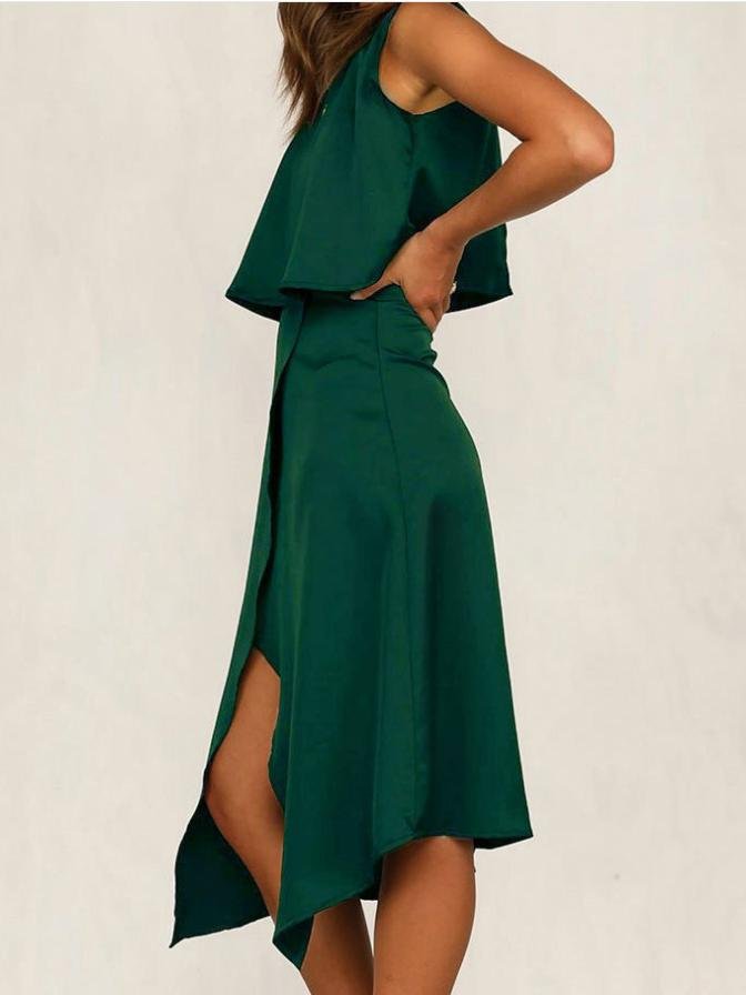 Two-Piece Sleeveless Round Neck Irregular Split Casual Suit Skirt - LuckyFash™