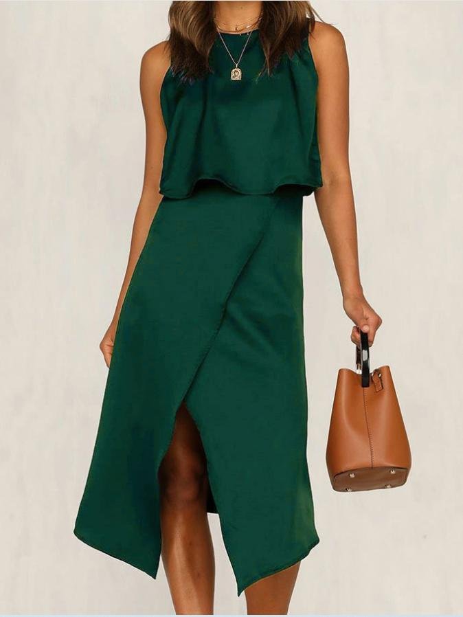 Two-Piece Sleeveless Round Neck Irregular Split Casual Suit Skirt - LuckyFash™
