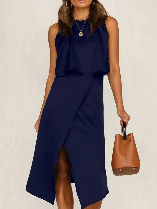 Two-Piece Sleeveless Round Neck Irregular Split Casual Suit Skirt - LuckyFash™