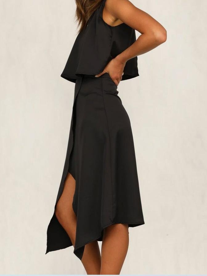 Two-Piece Sleeveless Round Neck Irregular Split Casual Suit Skirt - LuckyFash™