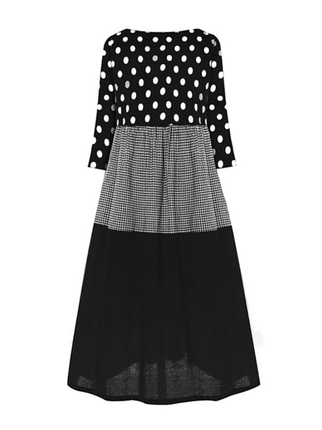 Women's A Line Dress Maxi long Dress Black Yellow Red Long Sleeve Polka Dot Patchwork Summer Spring Crew Neck Hot Winter Dress Fall Dress Loose Fit 2023 M L XL XXL 3XL 4XL 5XL - LuckyFash™