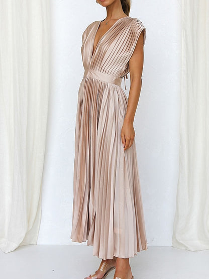 Women's Wedding Guest Dress Swing Dress Formal Dress Long Dress Maxi Dress Black Pink Red Sleeveless Pure Color Pleated Summer Spring Fall V Neck Party Evening Party Wedding Guest Vacation Loose Fit - LuckyFash™