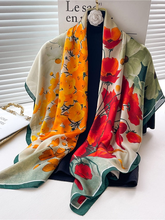 110*110cm Silk Feeling Big Square Scarf Women Neckerchief Female Headkerchief Print Shawl Wraps Hijab Beach Stoles Bandana - LuckyFash™