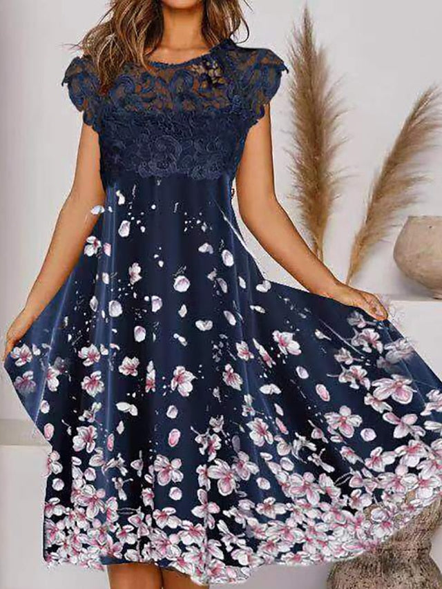 Womenâ€˜s A Line Dress Midi Dress Navy Blue Short Sleeve Floral Print Spring Summer Crew Neck Elegant Modern 2023 3XL - LuckyFash™