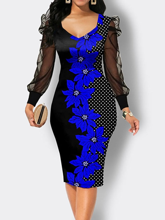 Women's Work Dress Bodycon Sheath Dress Midi Dress Black Red Blue Long Sleeve Floral Mesh Summer Spring Crew Neck Fashion Office Mesh S M L XL XXL 3XL - LuckyFash™