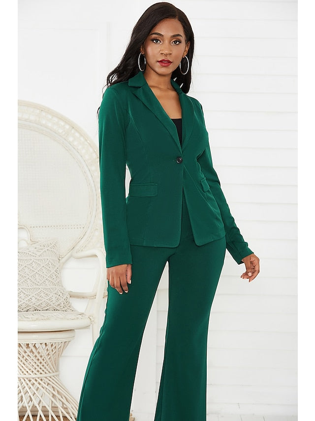 Women's Blazer Office Suit Pants Sets Basic Green Black Office Wear to work Solid Color Shirt Collar S M L XL - LuckyFash™