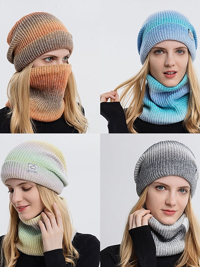 2pcs/set Winter Women Beanies Snood Sets Gradient Color Knitted Hat Warmer Fashion Outdoor Windproof Thicken Tie Dye Scarf Hat For Women - LuckyFash™