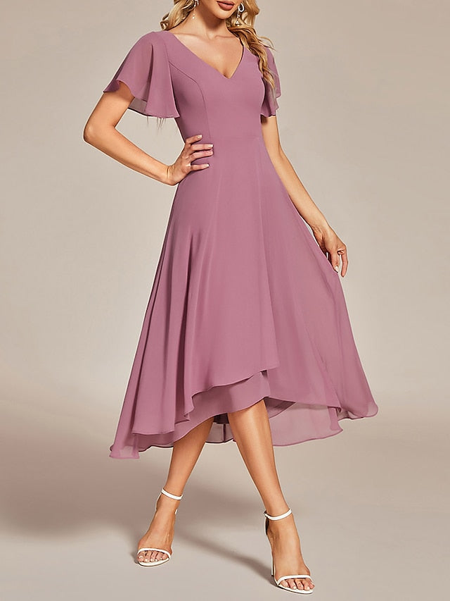 Women's Wedding Guest Dress Party Dress Homecoming Dress Midi Dress Pink Short Sleeve Pure Color Layered Summer Spring Fall V Neck Party Birthday Wedding Guest Vacation 2023 S M L XL 2XL 3XL - LuckyFash™