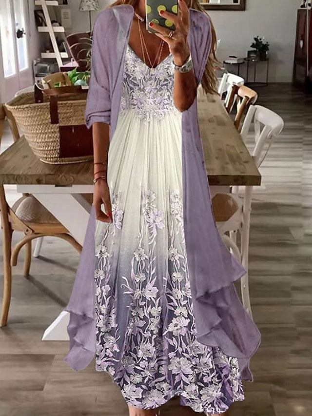 Womenâ€˜s A Line Dress Maxi long Dress Purple Long Sleeve Floral Color Gradient Ruched Print Fall Spring V Neck Elegant Casual 2023 S M L XL XXL 3XL / Loose - LuckyFash™