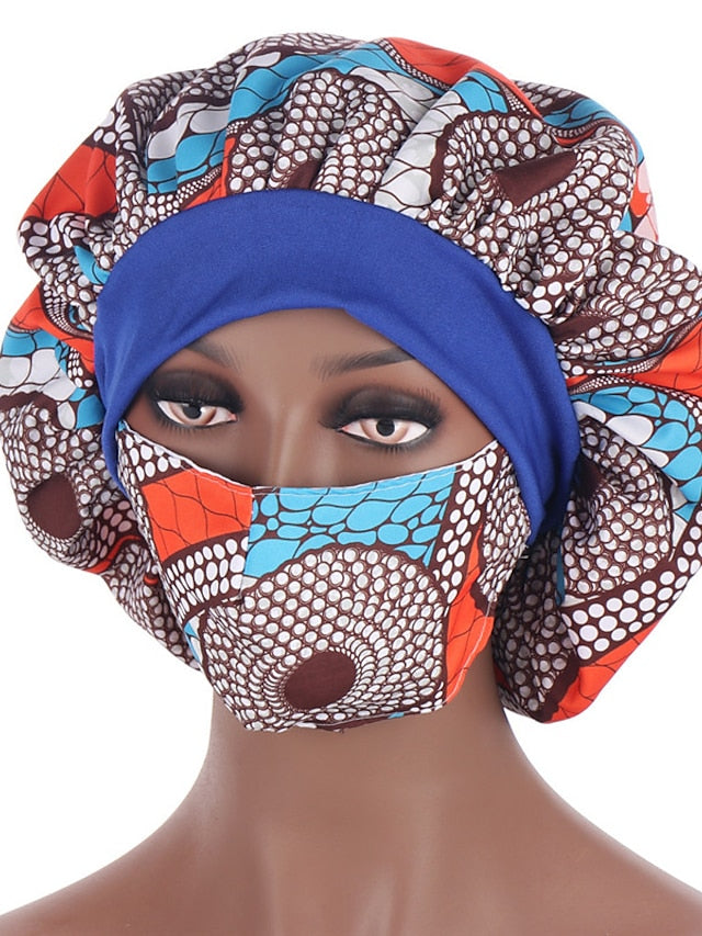 African Pattern Print Satin Bonnet Hijabs Hat Women Night Sleep Cap  with Mask Turban Extra Large Head Wear Lady Head Wrap - LuckyFash™