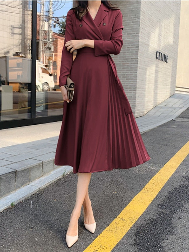 Women's Work Dress Blazer Dress Midi Dress Midi Dress Black Wine khaki Long Sleeve Pure Color Pleated Winter Fall Autumn Shirt Collar Elegant Winter Dress Fall Dress 2023 S M L XL 2XL 3XL - LuckyFash™