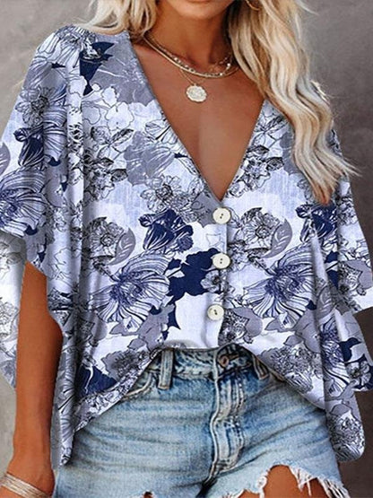 V-Neck Bat Sleeve Button Print Blouses - LuckyFash™