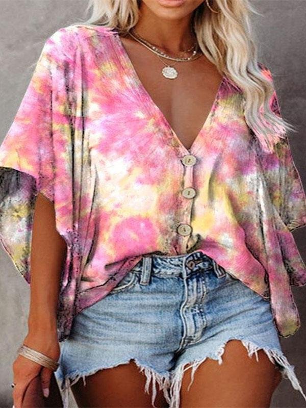V-Neck Bat Sleeve Button Print Blouses - LuckyFash™