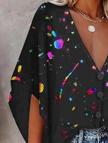 V-neck Bat Sleeve Digital Print Blouse - LuckyFash™