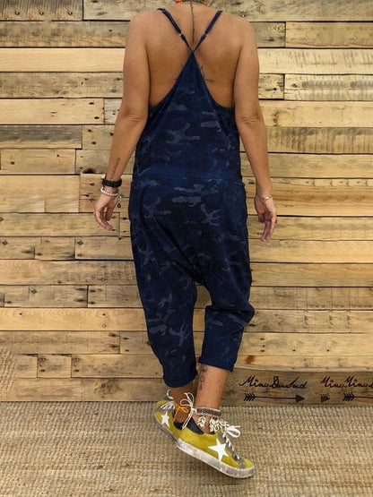 V-neck Camouflage Print Suspender Jumpsuit - LuckyFash™